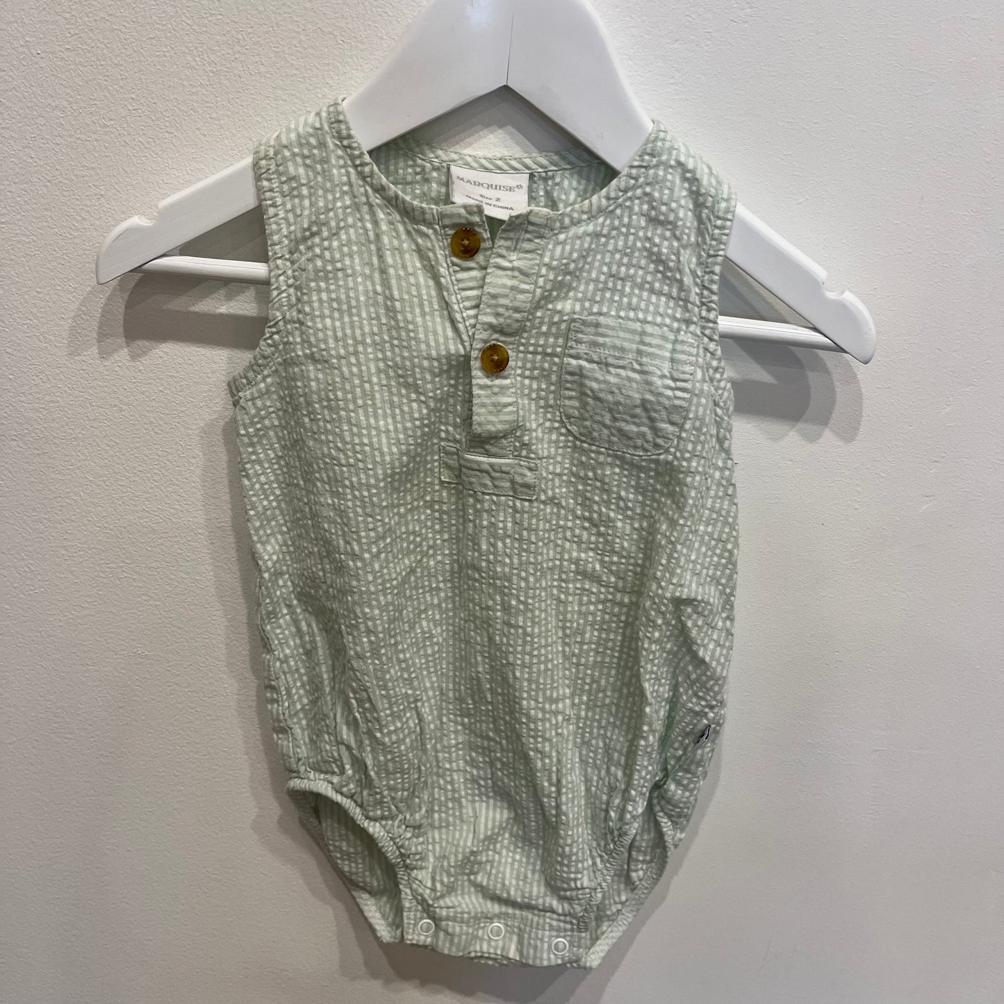 MARQUISE green stripe romper, size 2