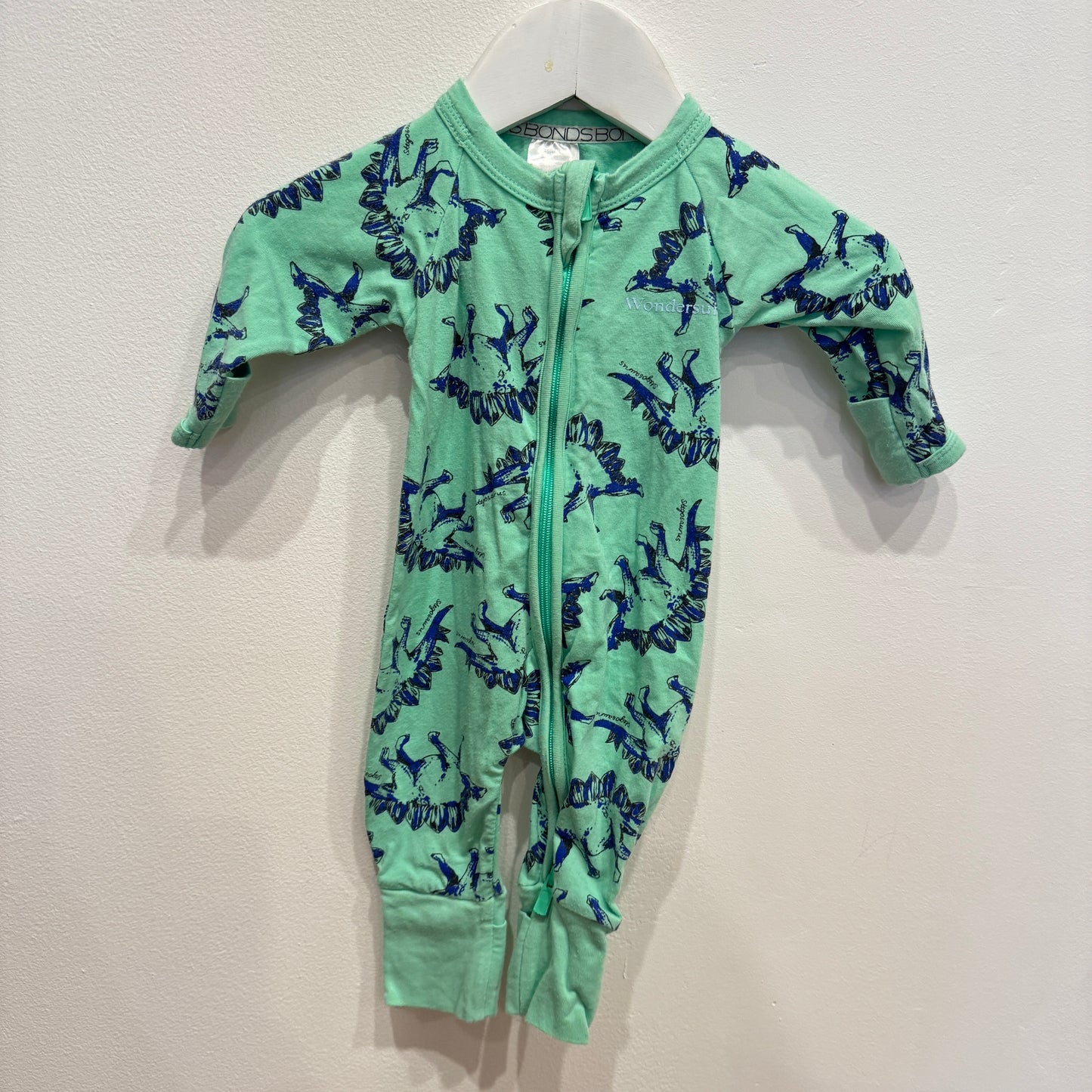 BONDS Green Dino Zipsuit, size NB