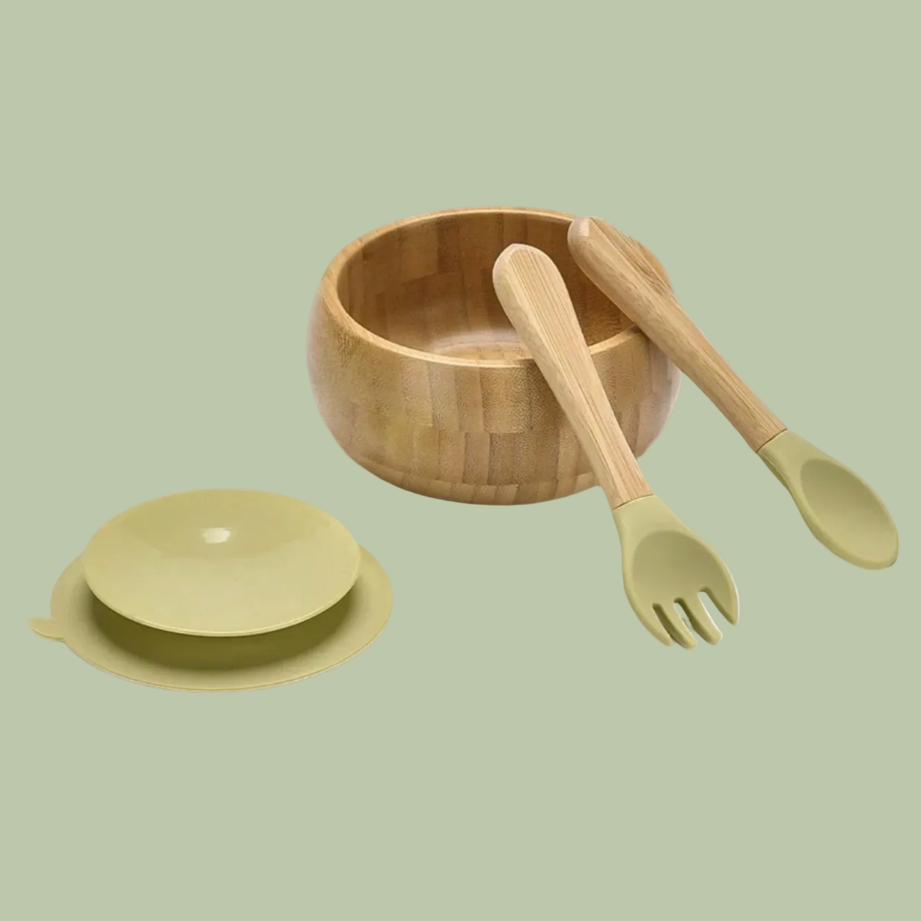 Bamboo bowl with spoon and fork on a white background