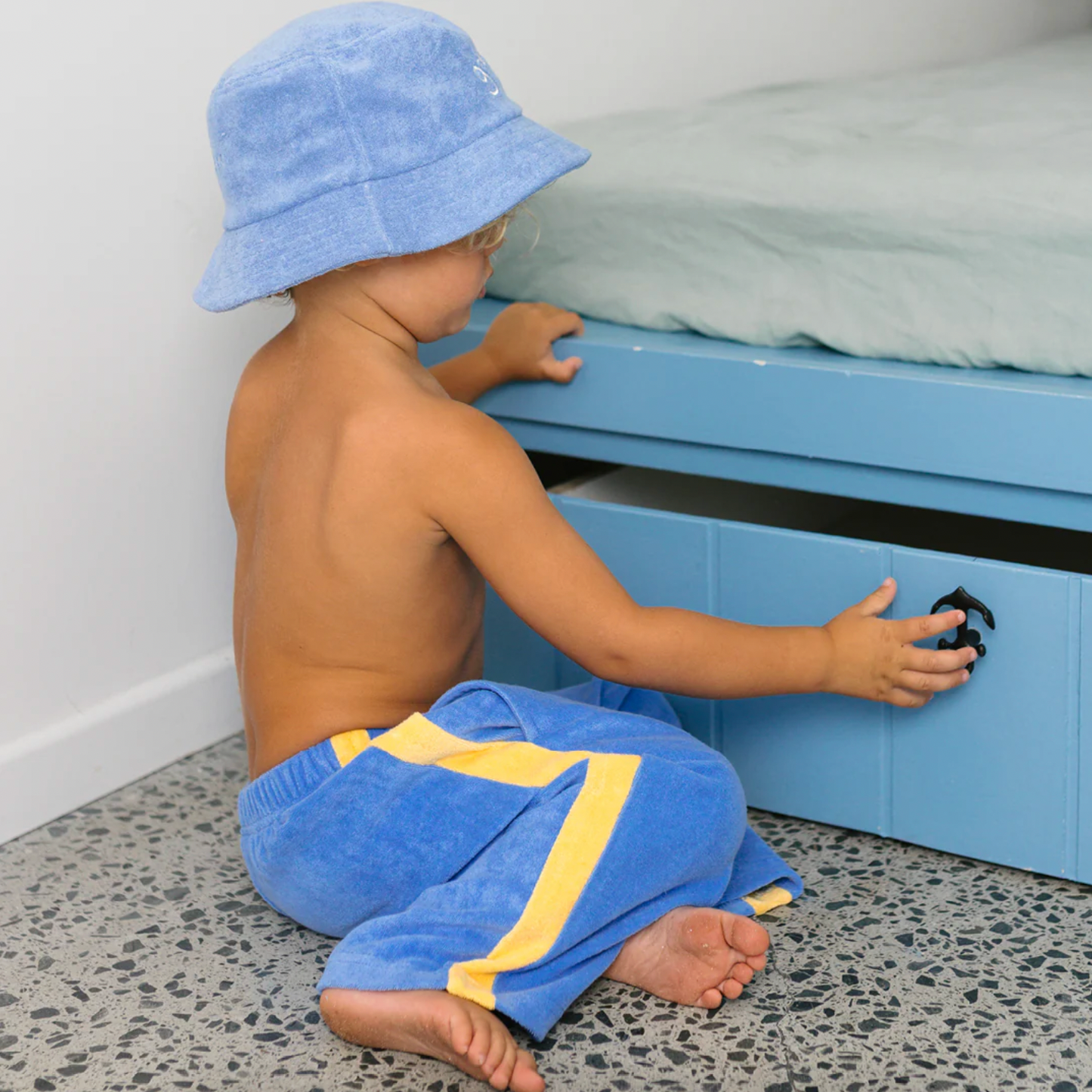 Ciao Tutti Terry Pants, Pool Blue + Golden Cream