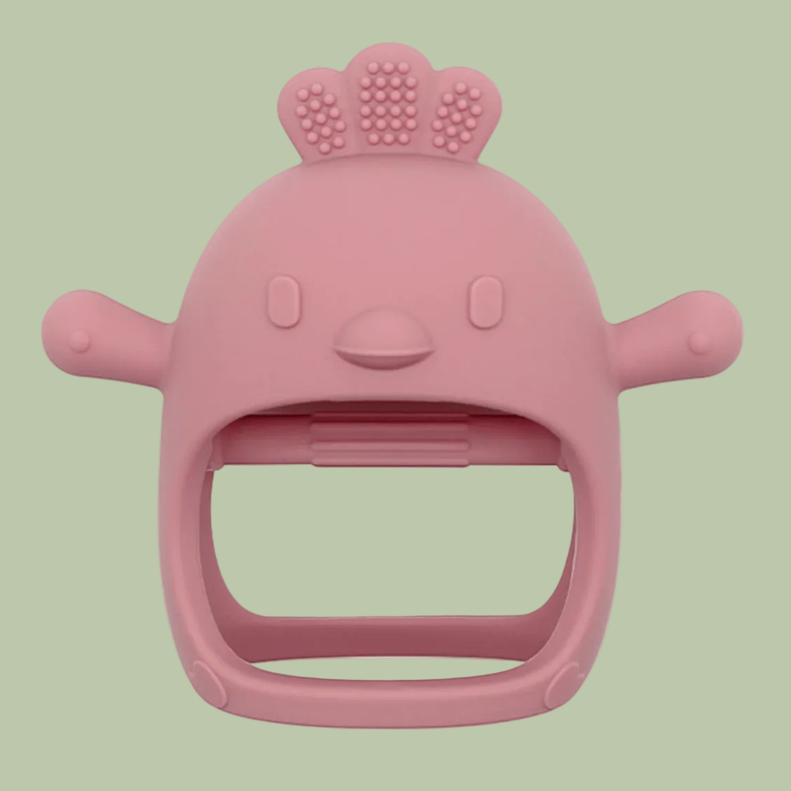 Pink baby teether with a cartoonish design on a white background