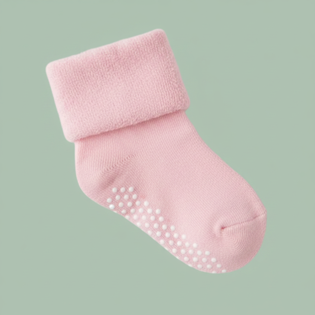 A single baby slipper sock in light pink with a soft fuzzy cuff