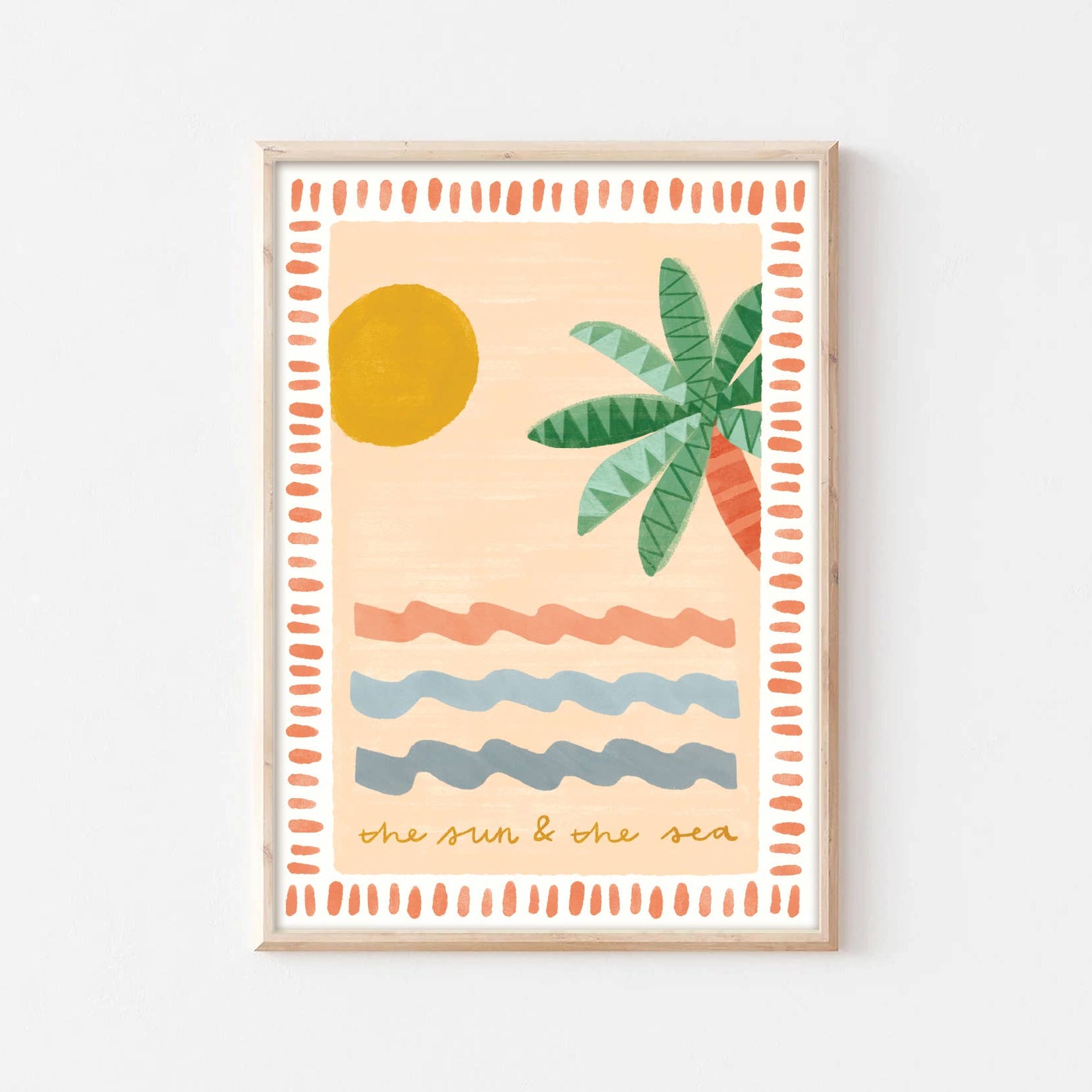 Framed artwork with a palm tree and sun design on a light background