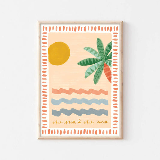 Framed artwork with a palm tree and sun design on a light background