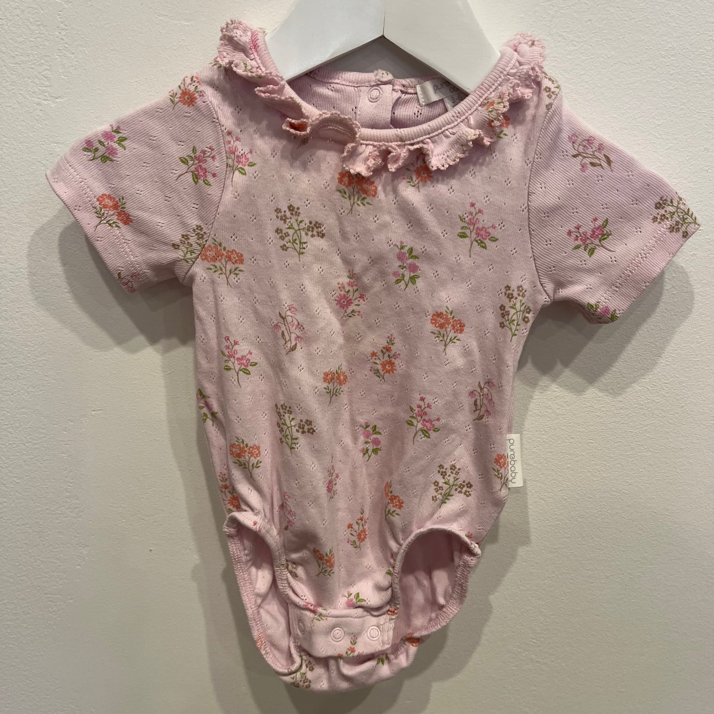 PUREBABY lilac ss onesie, size 3-6m