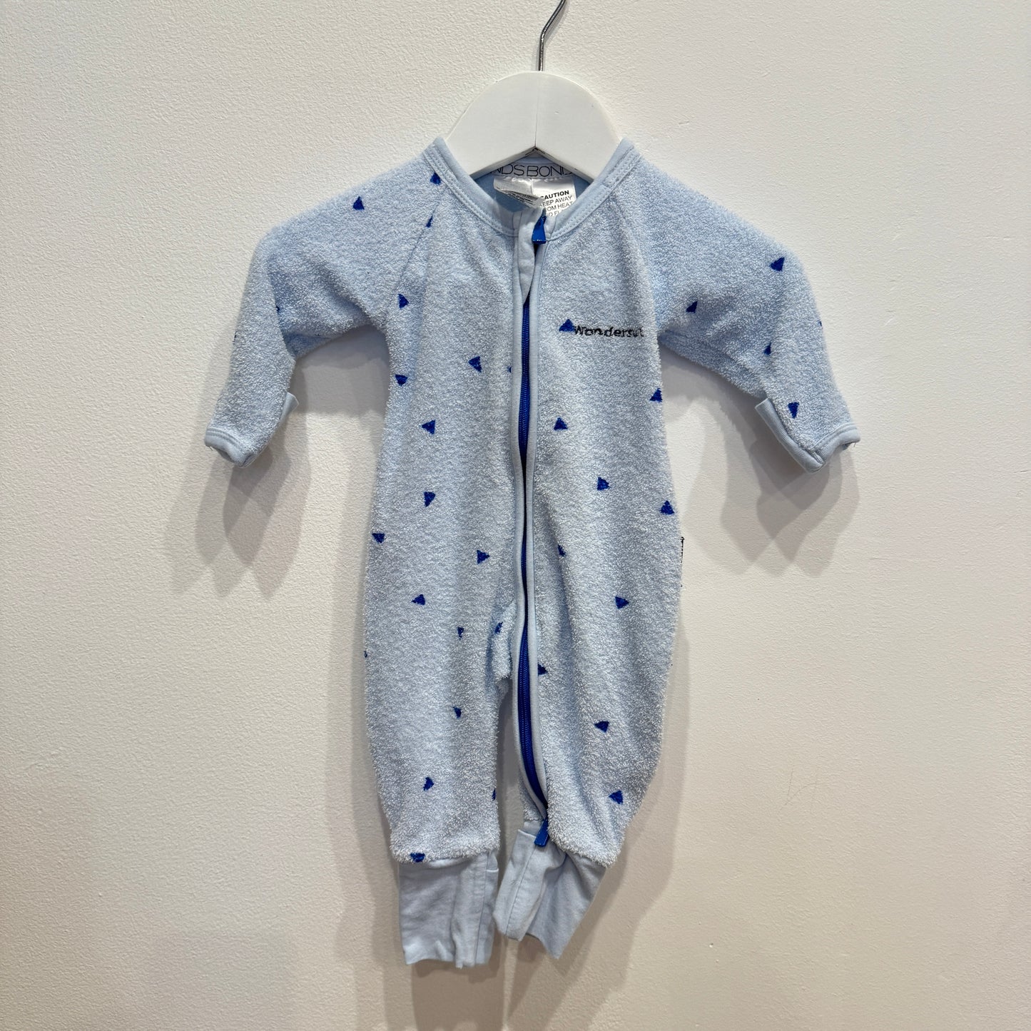 BONDS Towelling Blue Triangle Zipsuit, size NB