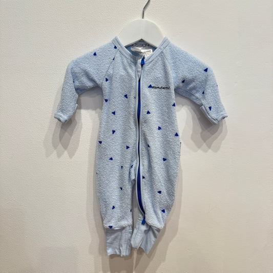 BONDS Towelling Blue Triangle Zipsuit, size NB
