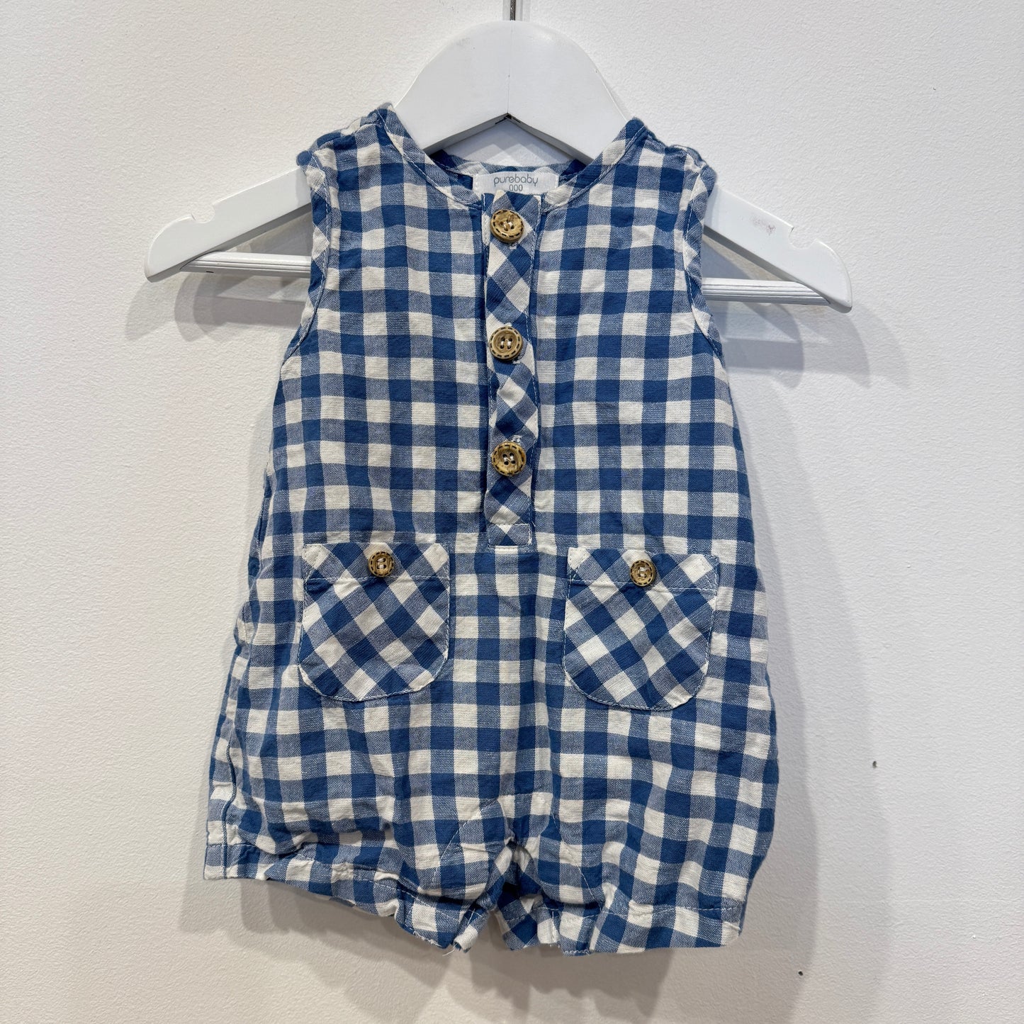PURE BABY Blue gingham romper, 0-3m