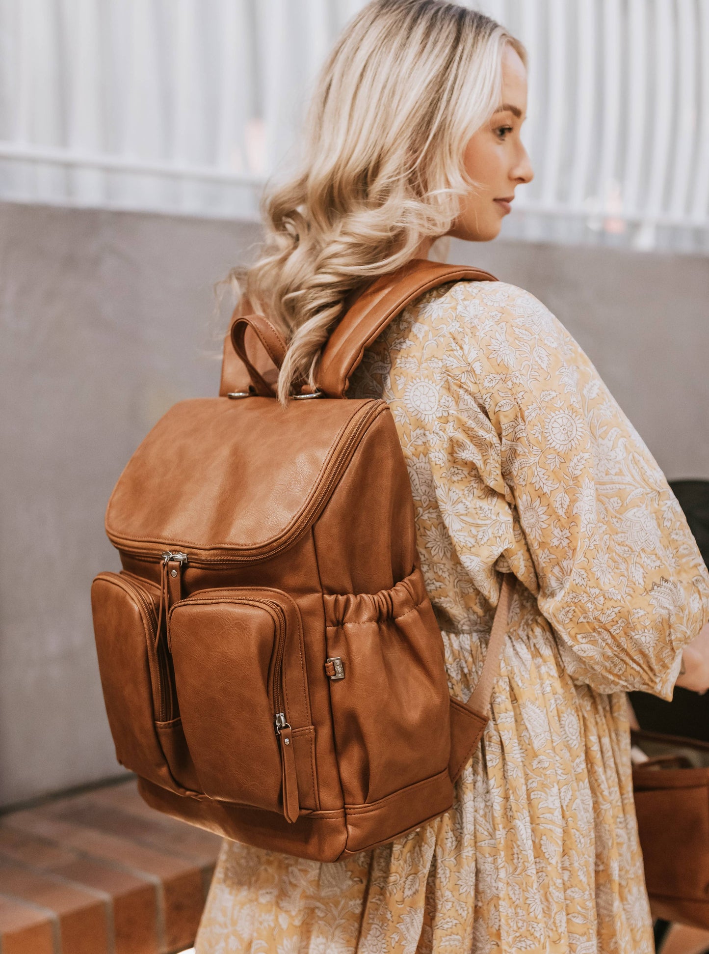Signature Nappy Backpack, Tan Vegan Leather