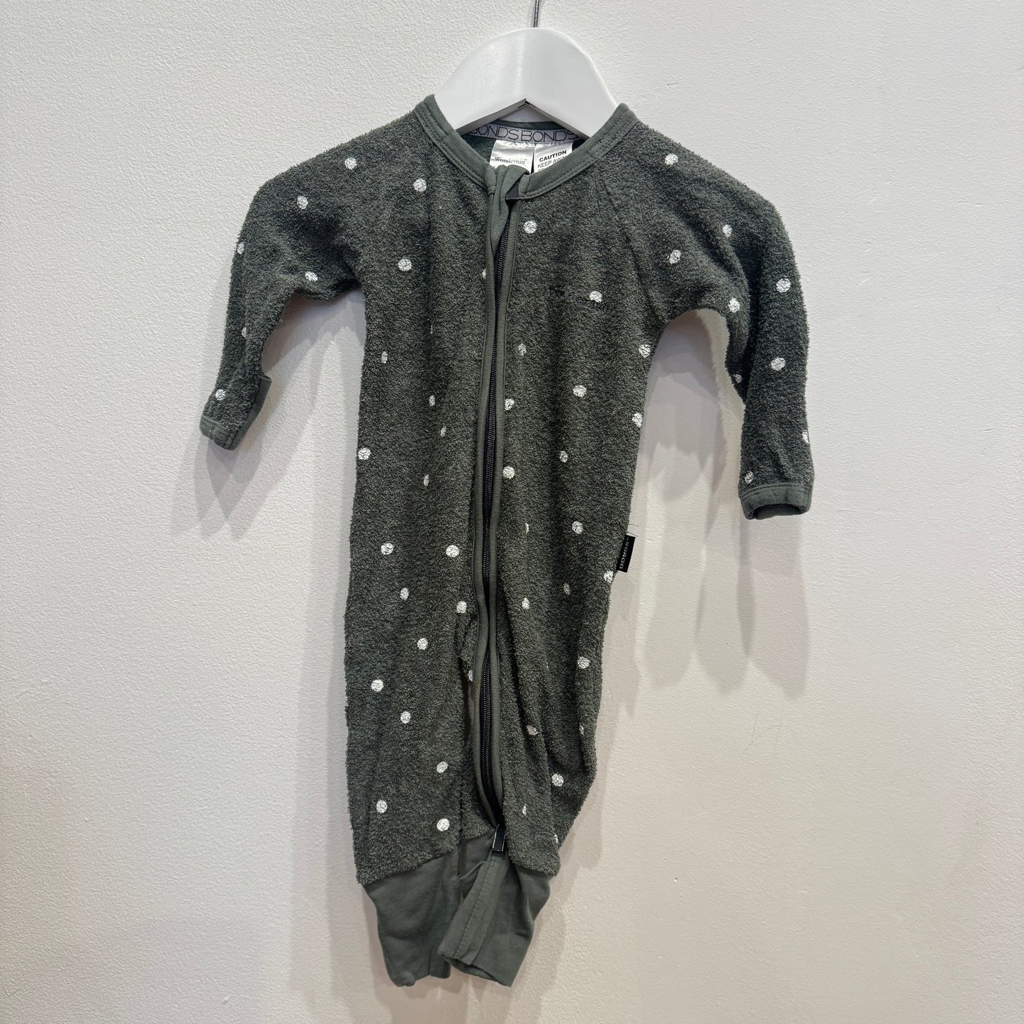 BONDS Towelling Khaki Spot Zipsuit, 0-3m