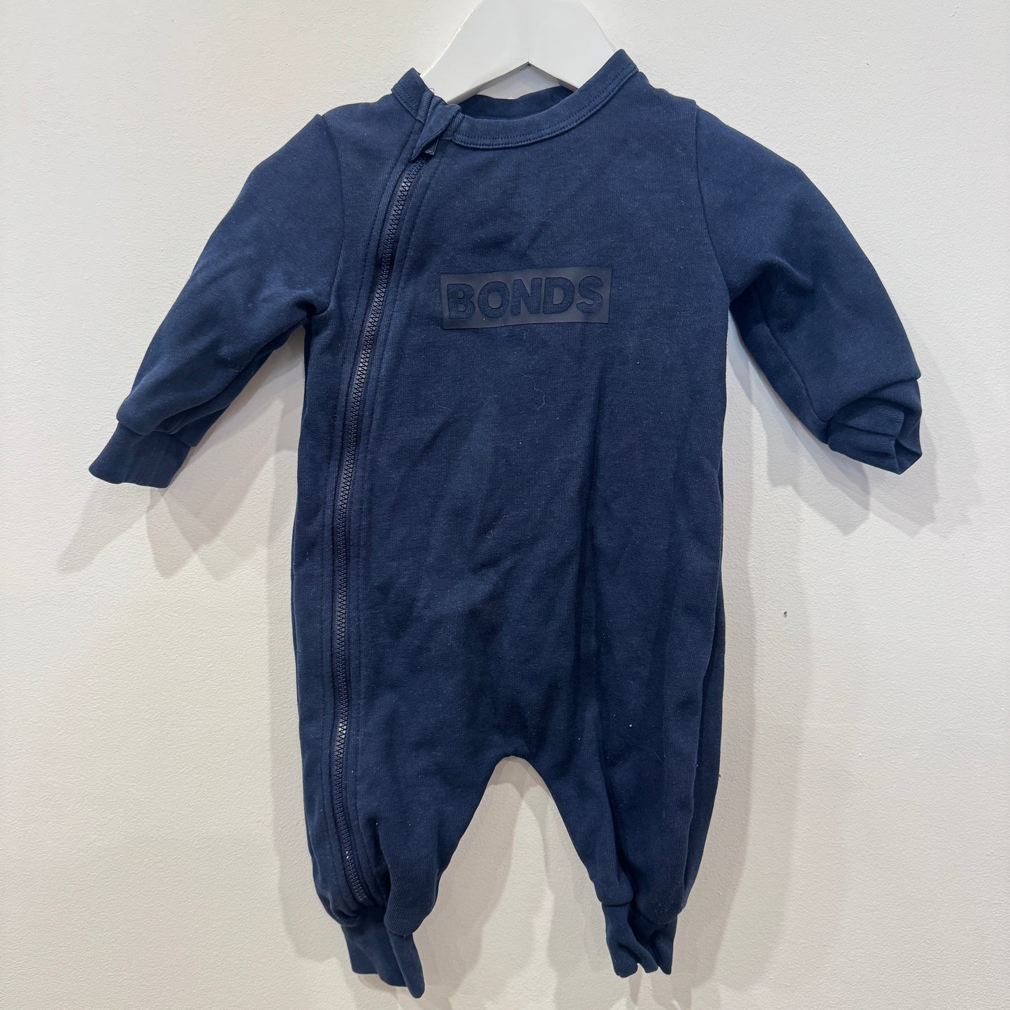 BONDS Navy zip onesie, 3-6m