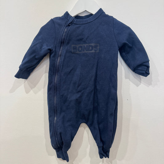 BONDS Navy zip onesie, 3-6m