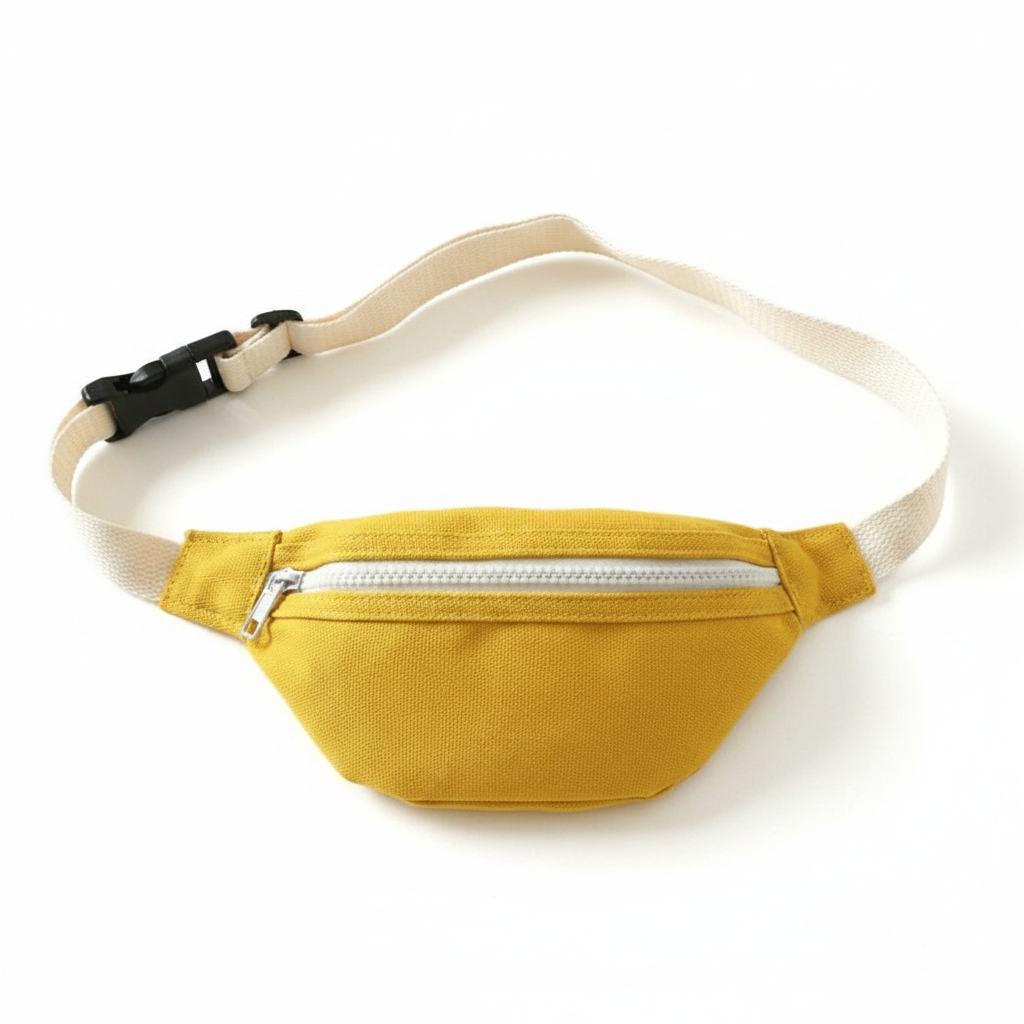 A yellow canvas waist bag with a white zipper and beige strap, displayed on a white background