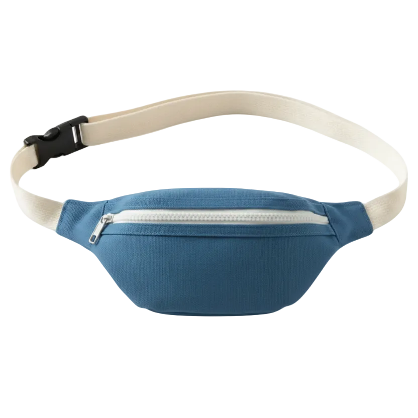 A blue waist bag with an adjustable cream-colored strap and a black buckle, featuring a zippered front pocket.