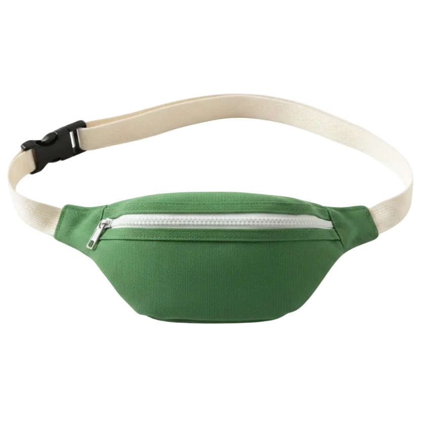 A green fabric fanny pack with an adjustable off-white strap and a black plastic buckle, shown against a plain white background.