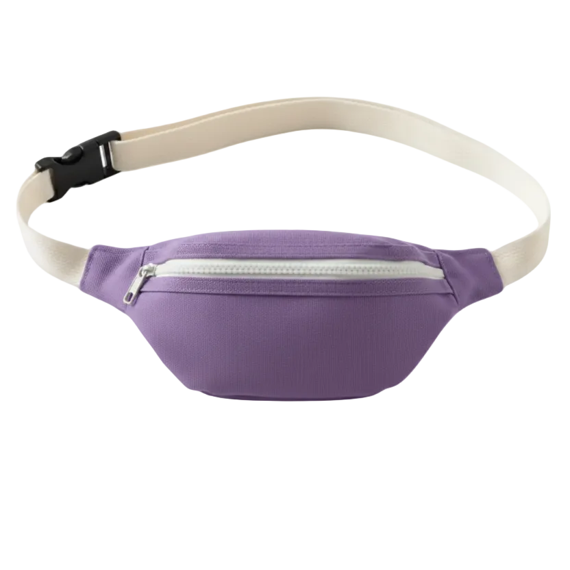 A purple waist bag with a beige adjustable strap and a black plastic buckle, featuring a zippered front pocket.