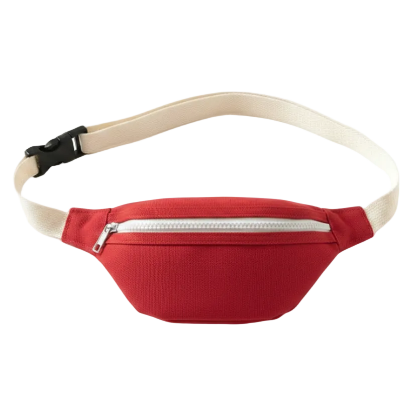 A red waist bag with a beige adjustable strap and a black plastic buckle, featuring a zippered front pocket.