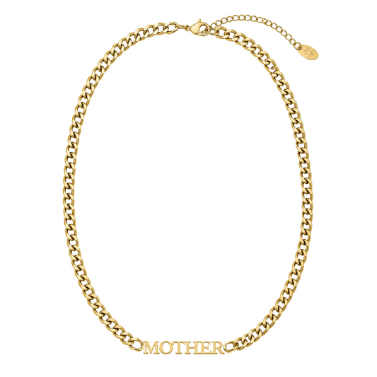 A gold-tone chain necklace with a curved bar at the bottom spelling 'MOTHER' in raised letters, shown on a plain white background.