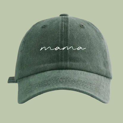 Green cap with 'mama' printed on a white background