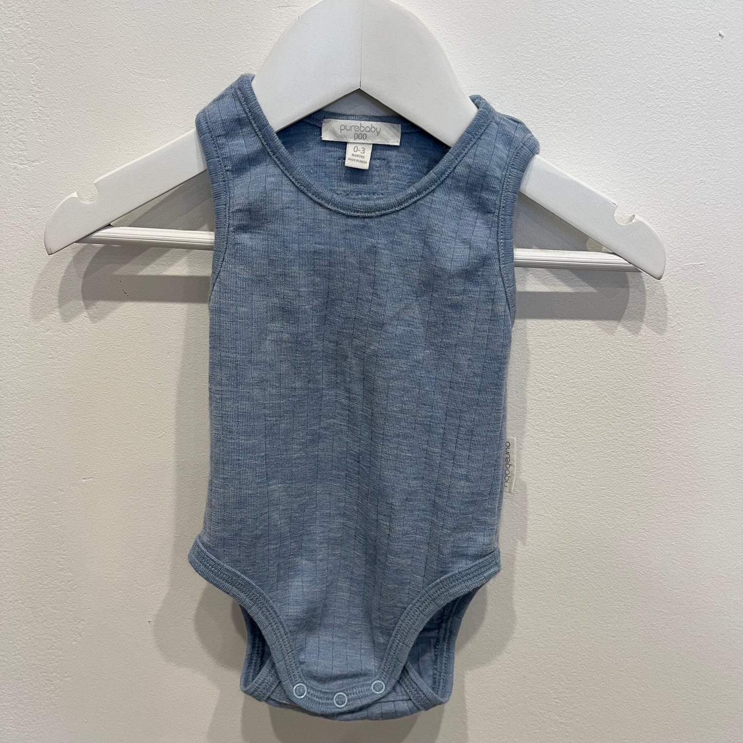 Purebaby 100% merino blue romper, size 0-3m