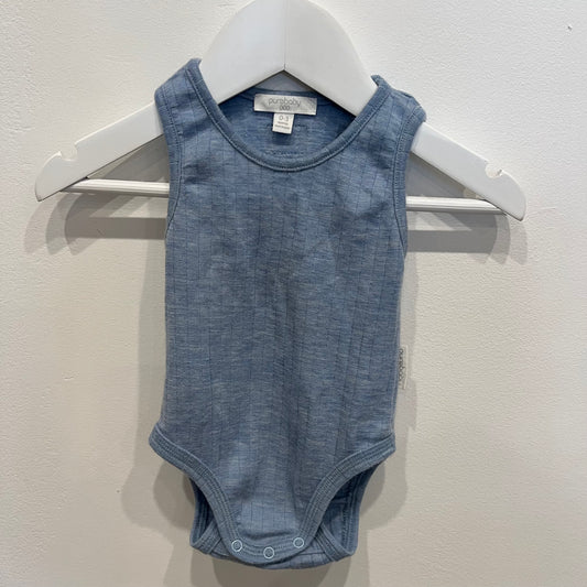 Purebaby 100% merino blue romper, size 0-3m