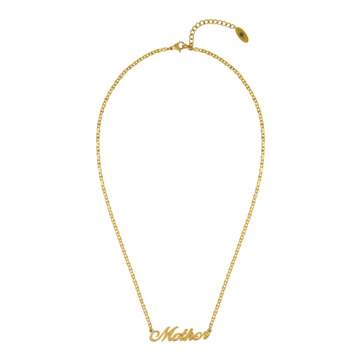 A gold chain necklace with a cursive 'Mother' script pendant, displayed on a clean white background.