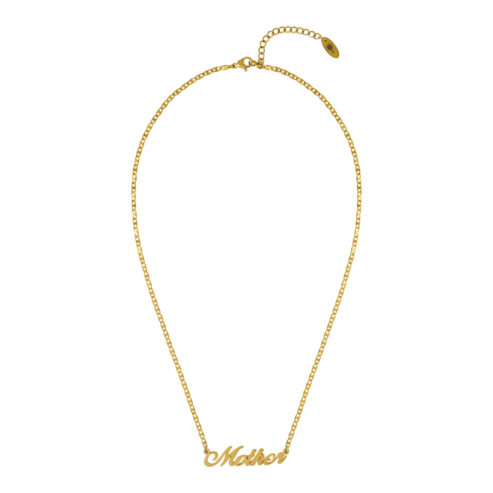 A gold chain necklace with a cursive 'Mother' script pendant, displayed on a clean white background.