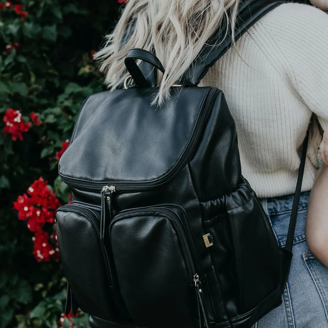 Faux Leather Nappy Backpack- Black