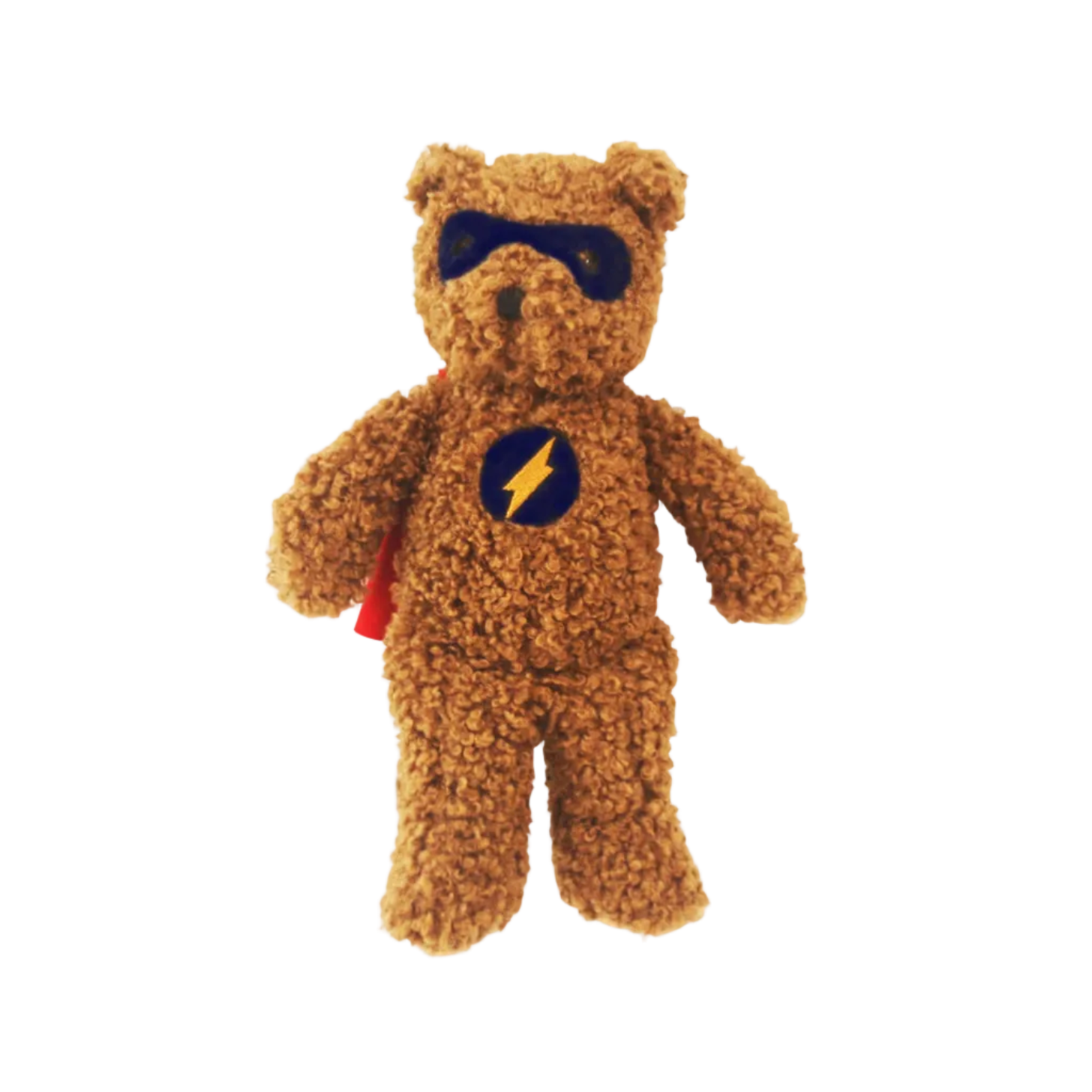 Brown teddy bear with superhero costume on a white background