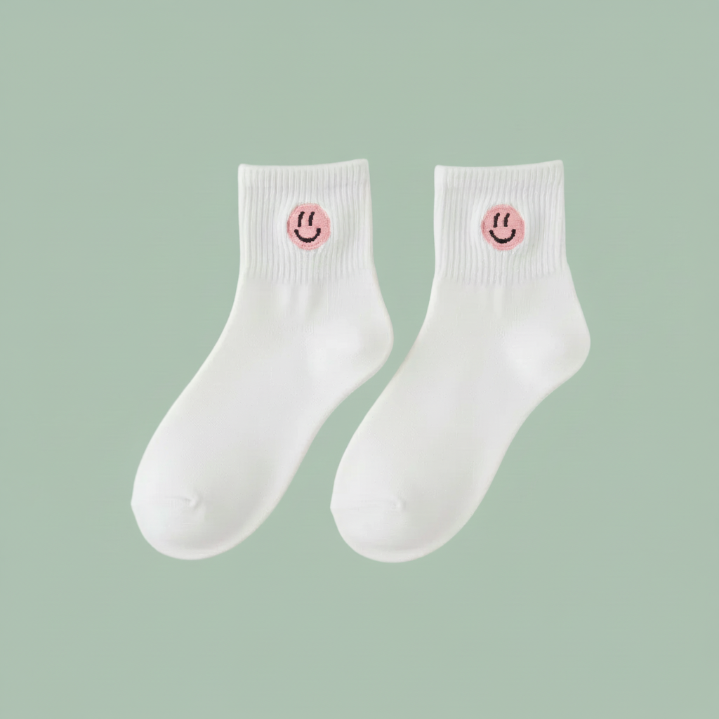 A pair of white crew socks with a small yellow smiley face logo on the ribbed cuffs, displayed against a solid sage green background.