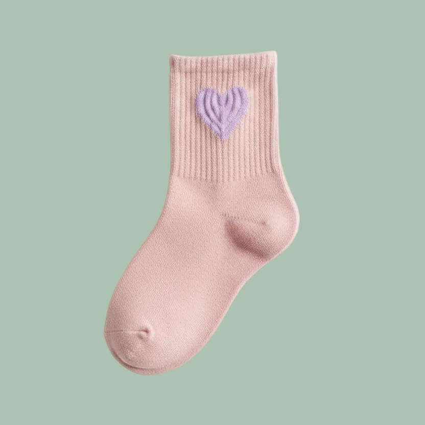 A single light pink ribbed ankle sock with a small lavender embroidered heart on the cuff, shown against a plain white background.