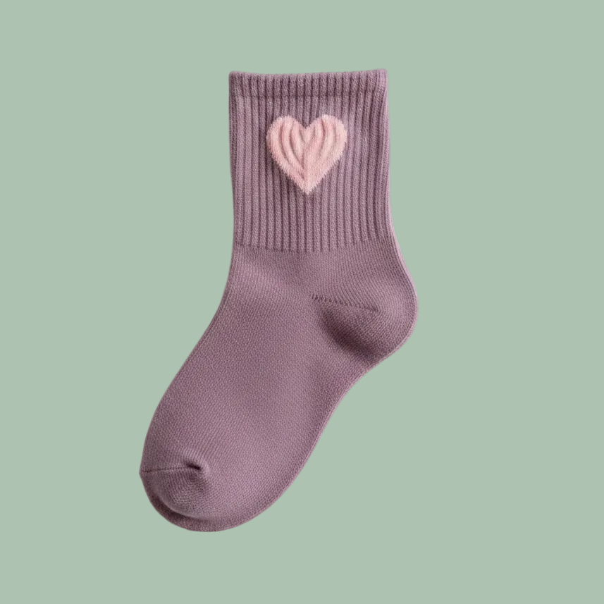 A single mauve-purple crew sock with a textured pink heart detail on the ribbed cuff, displayed on a clean white background.