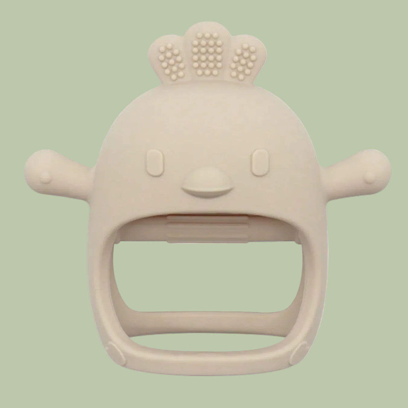 Beige baby teether with a smiling face on a white background