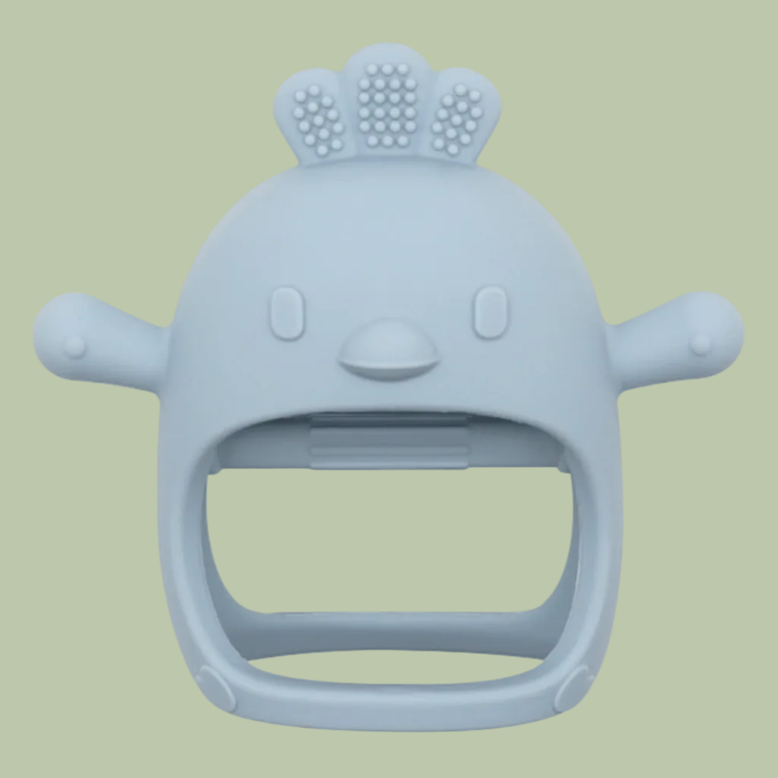 Blue silicone teether with a cartoonish design on a white background