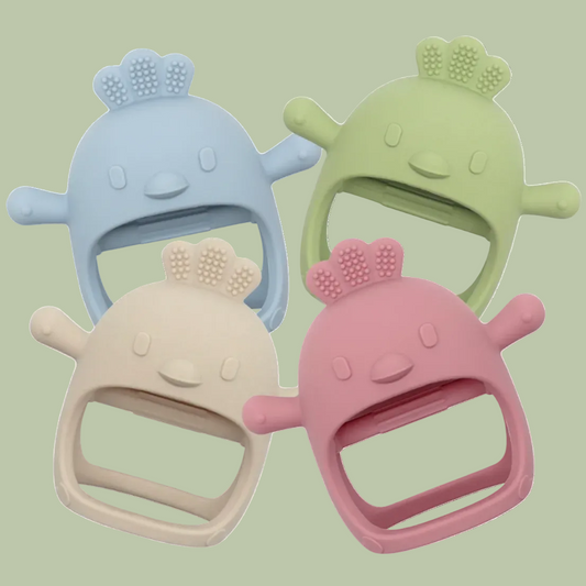 Four colorful silicone teething toys with animal designs on a white background