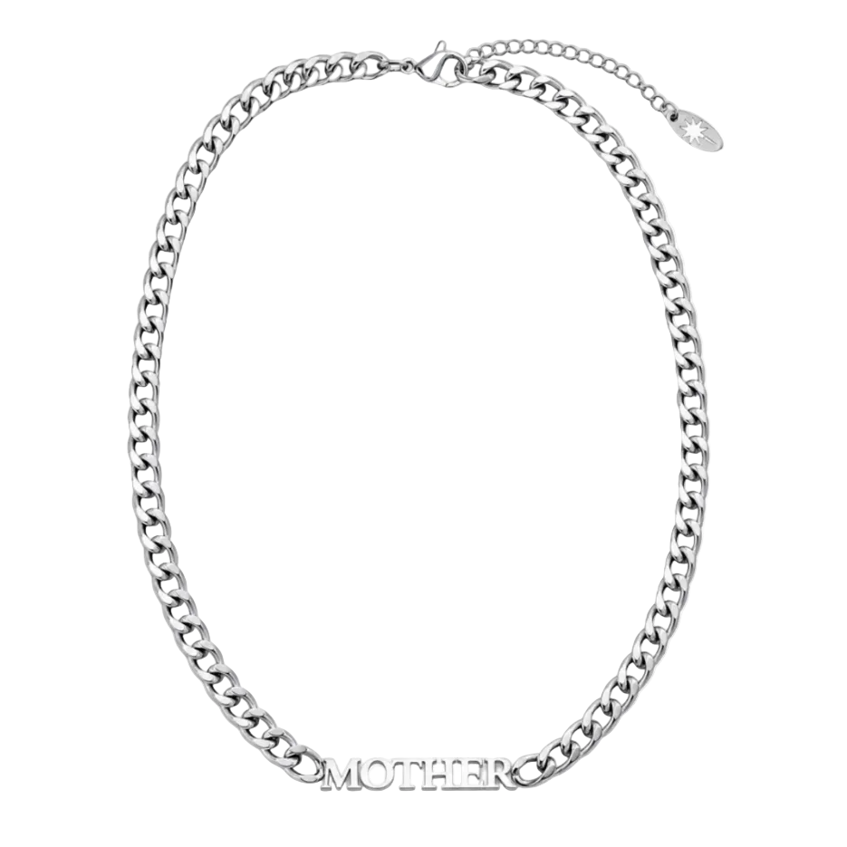 A silver-toned curb chain necklace with a custom engraved plate spelling 'MOTHER' at the bottom, displayed on a clean white background.