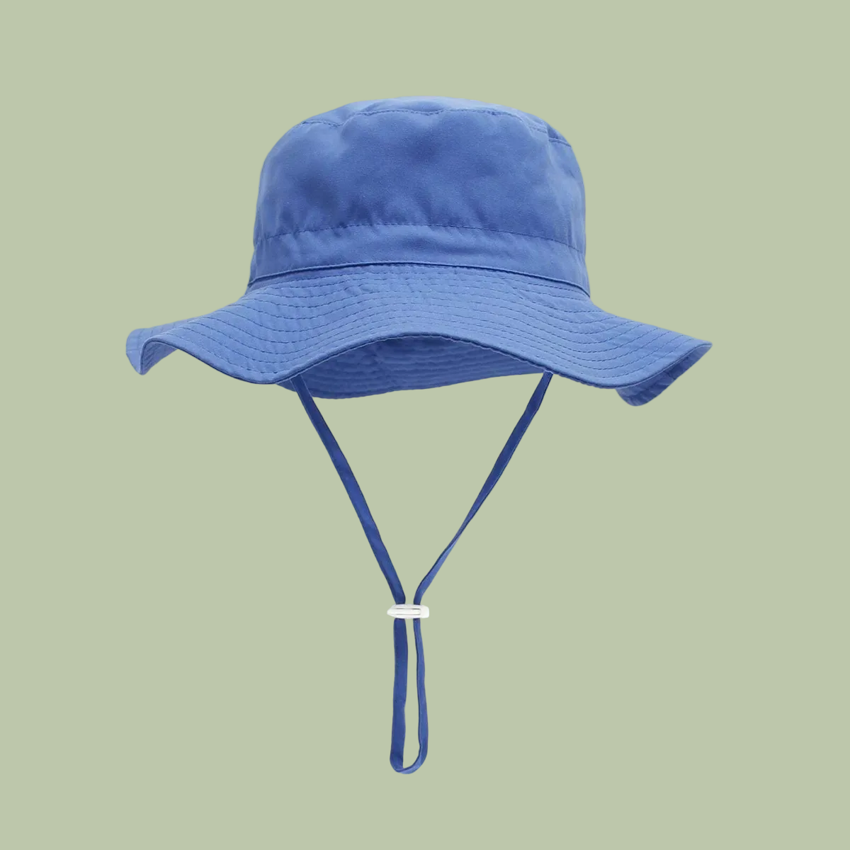 Blue bucket hat with a strap on a white background