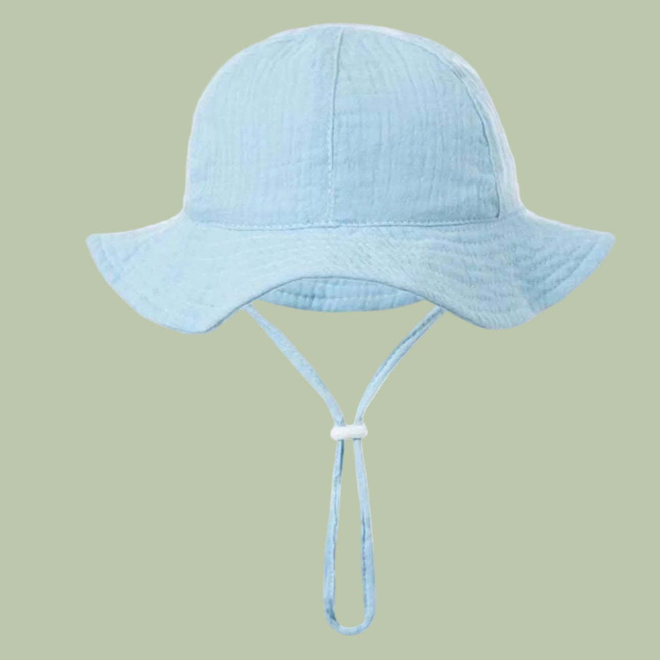 Light blue bucket hat with a strap on a white background