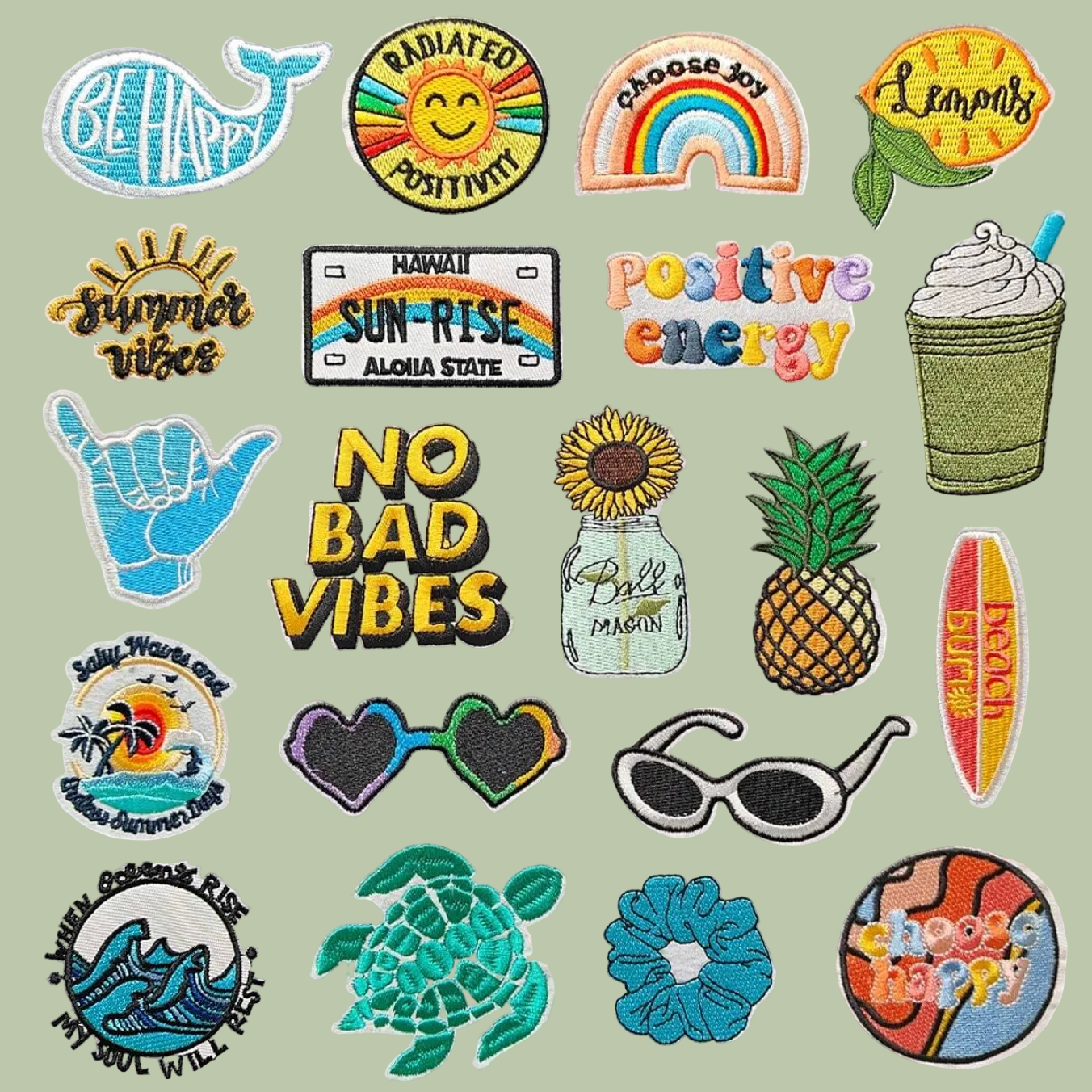 Collection of colorful patches with various designs and text on a white background